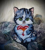 Cat with Red Heart, Kitten, Pets, Embroidered, Iron-on Patch