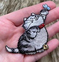 Gray Cat with Blue Butterfly on Paw, Pets, Kitten, Embroidered, Iron-on Patch