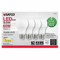 4Pk - Satco 9.5w 120v A19 LED Bulb 3000k Soft White - 60w-equiv