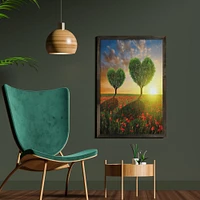 Ambesonne Valentine's Day Framed Wall Art, Poppy Field Heart Shaped Trees Sunset Cloudy Sky Rural Romantic Meadow, Fabric Poster with Carbonized Tone Wood Frame Home Decor, 23" x 35", Green Red Blue