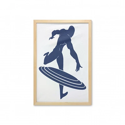 Ambesonne Superhero Wall Art with Frame, Muscle Man Hero Throws His Frisbee Muscular Silhouette Disc Sports Theme, Printed Fabric Poster for Bathroom Living Room Dorms, 23" x 35", White Navy Blue