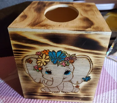 Kleenex box holder with elephants woodburning