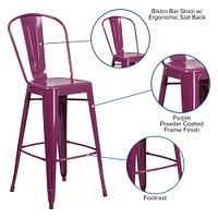 Merrick Lane Sabine Metal Indoor-Outdoor Barstool with Vertical Slat Back and Integrated Footrest