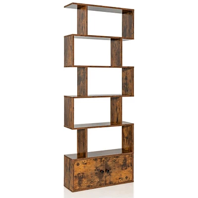 6-Tier S-Shaped Freestanding Bookshelf with Cabinet and Doors