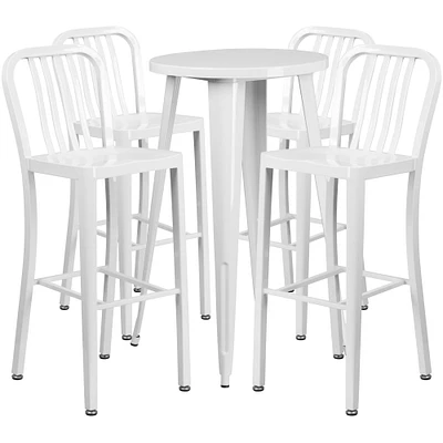 Merrick Lane Evelyne Outdoor Dining Set with 24" Round Table and Slatted Back Bar Stools with Footrests