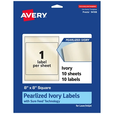 Avery Pearlized Ivory Square Labels with Sure Feed Technology, 8" x 8"