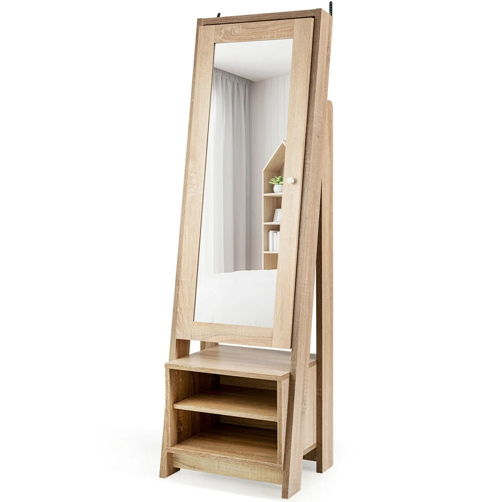 Gymax Jewelry Cabinet Large Full Length Armoire 2-in-1 Stand Mirror Organizer