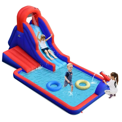 Gymax Inflatable Water Slide Park w/ Climb Slide Pool and 2 Swim Rings Blower Excluded