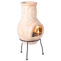 Vintiquewise Outdoor Clay Chiminea Sun Design Charcoal Burning Fire Pit with Metal Stand