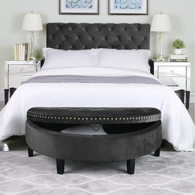 Iconic Home Sarah Half Moon Storage Ottoman Button Tufted Velvet Upholstered Gold Nailhead Trim Espresso Finished Wood Legs Bench