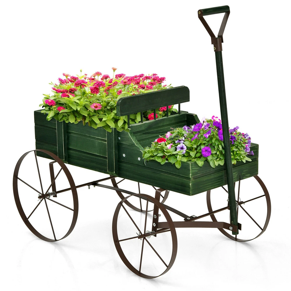 Gymax Garden Plant Planter Wooden Wagon Planter W/ Wheel Garden Yard