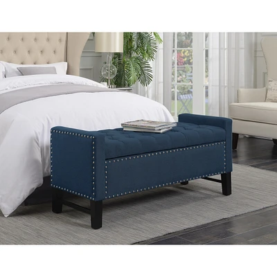 Iconic Home Michael Linen Modern Contemporary Button Tufted with Silver Nailheads Deco on Frame Storage Lid  Bench
