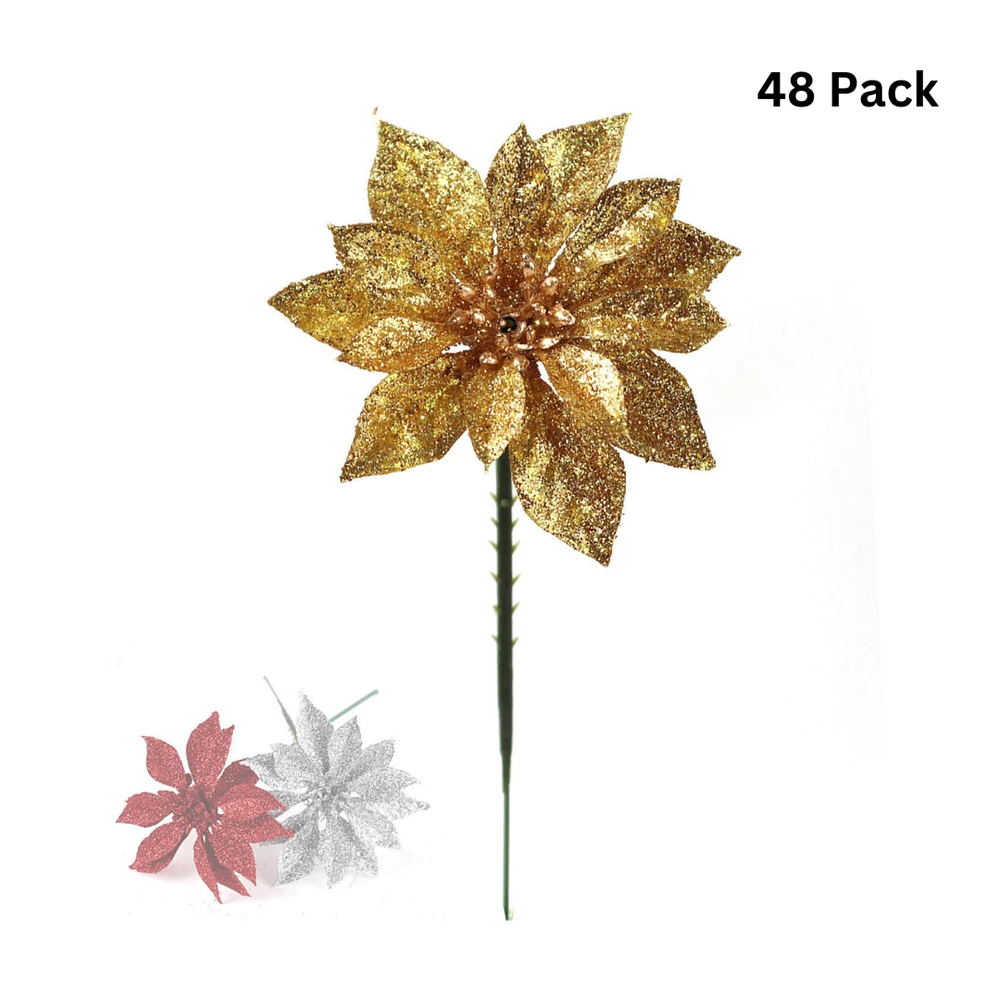 Sparkling Gold Glitter Poinsettia Picks | 4-Inch | Vibrant Festive Holiday Decor | Trees, Wreaths, & Garlands | Gift Wrapping | Christmas Picks | Home & Office Decor (Set of 48)