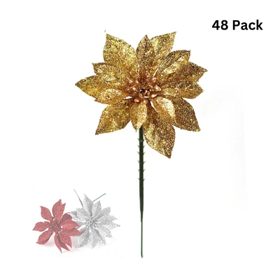 Sparkling Gold Glitter Poinsettia Picks | 4-Inch | Vibrant Festive Holiday Decor | Trees, Wreaths, & Garlands | Gift Wrapping | Christmas Picks | Home & Office Decor (Set of 48)