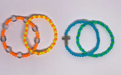 Orange and blue plastic bead bracelets