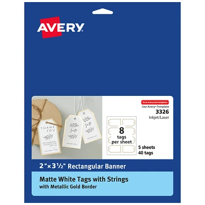 Avery Tags with Metallic Gold Borders and Strings, 2" x 3.5", 40 Total, Laser/Inkjet Printable Tags (3326)