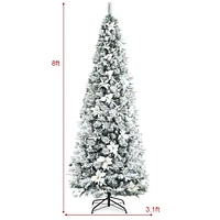 Costway 5ft/6ft/7ft/8ft Pre-lit Snow Flocked Christmas Tree w/ Berries & Poinsettia Flowers