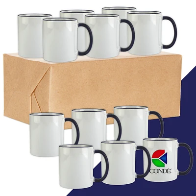 Conde Premium Sublimation Blank Ceramic Mug White with Color Handle and Rim, 11oz (Case of 36)