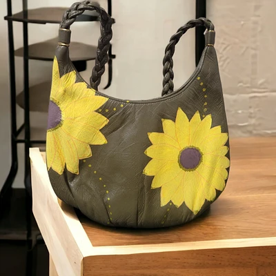 Handpainted Olive green hobo style handbag