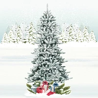 Costway 7Ft Premium Hinged Snow Flocked Slim Artificial Christmas Fir Tree w/ Pine Cones