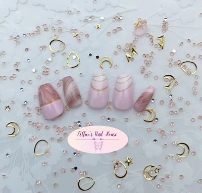 Pink Marbled Press on Nails, Short, Long, Ballerina, Almond, Acrylic, gel nails, coffin, Baby Boomer, French Ombre, Fade, Gold Nails, Fake