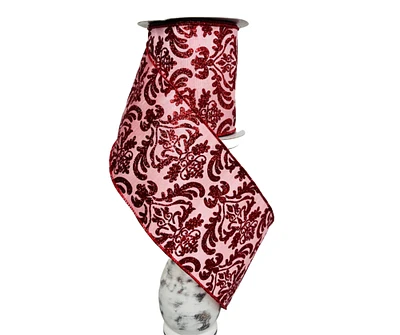 4"x10YD Bold Damask Dupioni Wired Ribbon-Soft Pink/Red(RGB13268F)