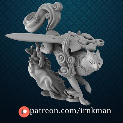 Amaterasu wolf spirit from Irnkman Minis. Total height apx. 59mm. Unpainted resin miniature