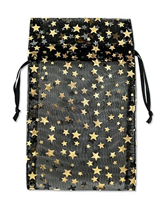 Medium Organza Black Pouch with Gold Stars (Package of 12)