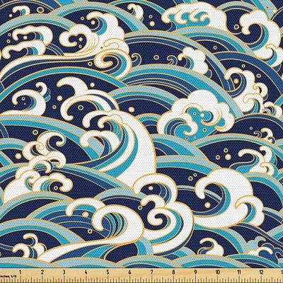 Ambesonne Nautical Fabric by the Yard, Traditional Oriental Style Ocean Waves Pattern Foam and Splashes Print, Decorative Fabric for Upholstery and Home Accents, 3 Yards, Blue and White