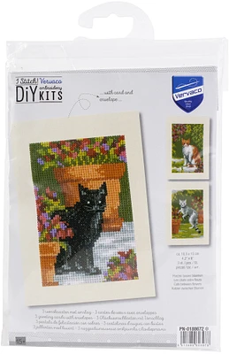 Vervaco Counted Cross Stitch Greeting Card Kit 4.2"X6" 3/Pk-Cats Between Flowers (14 Count)