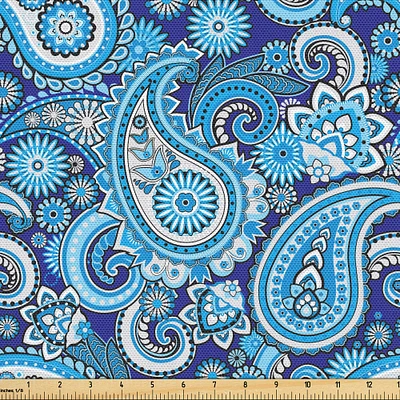 Ambesonne Paisley Fabric by The Yard, Traditional Pattern Design Flowers Leaves and Dots Backgrounded Art Print, Decorative Fabric for Upholstery and Home Accents, 1 Yard, Blue