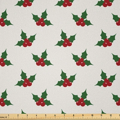 Ambesonne Christmas Fabric by The Yard, Holly Berries Mistletoe Fruit Pattern Seasonal of Peace Theme Print, Decorative Satin Fabric for Home Textiles and Crafts, 1 Yards, Red Green White