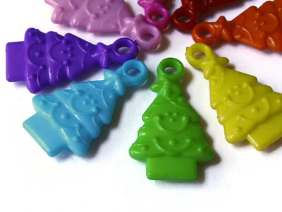 12 32mm Mixed Color Plastic Christmas Tree Beads Pine Trees Holiday Happy Little Tree Beads