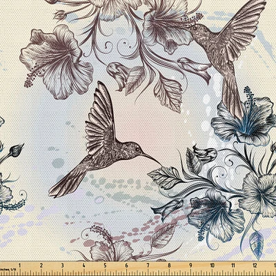 Ambesonne Hummingbird Fabric by The Yard, Birds and Hibiscus Flowers Nostalgia Antique Design Classical Print, Decorative Fabric for Upholstery and Home Accents, Teal Brown