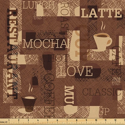 Ambesonne Coffee Fabric by The Yard, Cafeteria Pattern with Hot Mocha Latte Milk Love Typography on Scribble Backdrop, Decorative Fabric for Upholstery and Home Accents, Yards