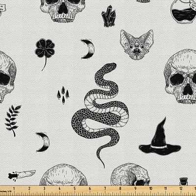 Ambesonne Skull Fabric by The Yard, Tattoo Style Snake Bat Snake Moon Witch Hat Poison Creepy Halloween Gothic, Decorative Fabric for Upholstery and Home Accents, 1 Yard, Coconut Charcoal