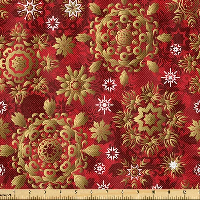 Ambesonne Red Mandala Fabric by The Yard, Christmas New Year Ornaments Inspired Floral Design, Decorative Satin Fabric for Home Textiles and Crafts, 10 Yards, Earth Yellow Vermilion