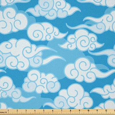 Ambesonne Blue and White Fabric by The Yard, Far Eastern Japanese Style Cloud Motifs Swirled Sky Elements, Decorative Satin Fabric for Home Textiles and Crafts, Azure Blue