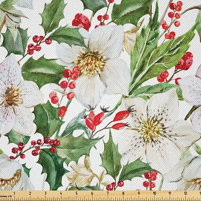 Ambesonne Watercolor Fabric by The Yard, Christmas Themed Floral Poinsettia Winter Inspirations Berries Leaf, Decorative Satin Fabric for Home Textiles and Crafts, Yards