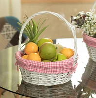 White Round Willow Gift Basket, with Gingham Liner and Handle