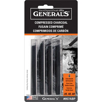 General's Compressed Charcoal Sticks 4/Pkg-Black - 2B, 4B & 6B