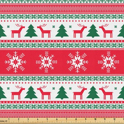 Ambesonne Christmas Fabric by The Yard, Traditional Reindeer Xmas Tree Snowflake Border Knitted Seem Pattern, Decorative Fabric for Upholstery and Home Accents, Yards