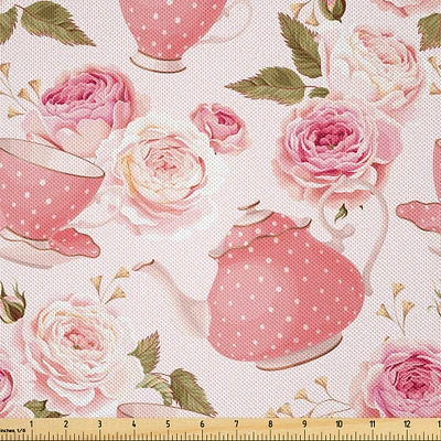 Ambesonne Floral Fabric by The Yard, Vintage Style Tea Cups with Roses Romantic Shabby Form Design Print, Decorative Satin Fabric for Home Textiles and Crafts, Yards