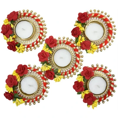 STORE INDYA Set of 5 Fancy Diwali Diyas with tealight Holder Decorated with Roses and Greeting Card | Diwali Decorations and Gift Items | Home Decor for Diwali Indian Diwali Diya
