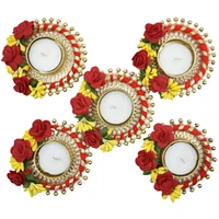 STORE INDYA Set of 5 Fancy Diwali Diyas with tealight Holder Decorated with Roses and Greeting Card | Diwali Decorations and Gift Items | Home Decor for Diwali Indian Diwali Diya