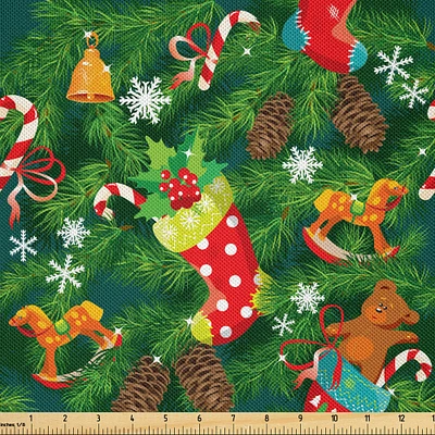 Ambesonne Christmas Fabric by The Yard, Xmas Accessories Stockings Candies Horse Teddy Bear Toys on Pine, Decorative Satin Fabric for Home Textiles and Crafts, Yards