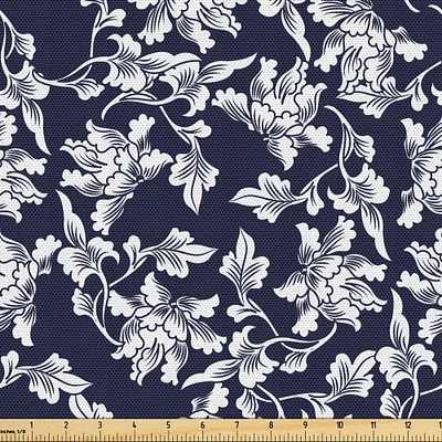 Ambesonne Navy Blue Fabric by The Yard, Floral Arrangement Botanic Foliage Pattern Japanese Composition Eastern, Decorative Fabric for Upholstery and Home Accents, 10 Yards, White Blue