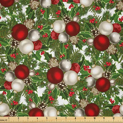 Ambesonne Christmas Fabric by The Yard, Pine Fir Cones Balls and Coniferous Tree Leaves Holly Berry Old Fashioned, Decorative Satin Fabric for Home Textiles and Crafts, Yards