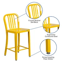 Merrick Lane Santorini Galvanized Steel Indoor/Outdoor Counter Bar Stool With Slatted Back And Powder Coated Finish