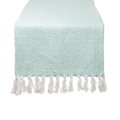 Contemporary Home Living 72" Aqua Blue and White Rectangular Diamond Weaved Table Runner